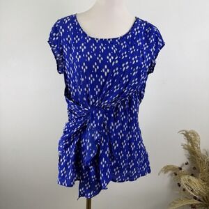Edme & Esyllte Anthropologie Blue & White 100% Silk Short Sleeve Top Size 8
